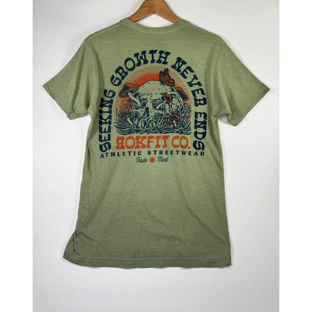 Rokfit T Shirt Medium Green Graphic‎ Skull Mushrooms Seeking Growth Never Ends